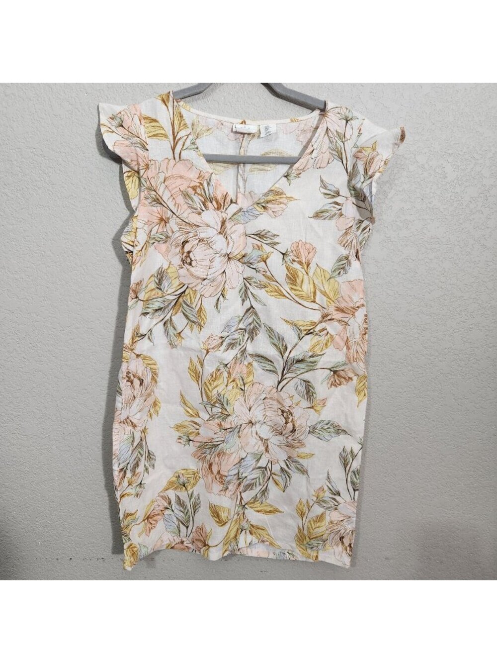 Nicole Miller New York Dress XS Linen Floral Ruffle Sleeves Beige